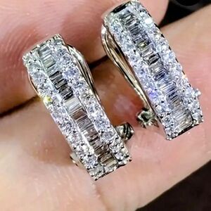 925 Silver Plated Pave CZ Huggie Hoop Earrings Incredible Sparkle